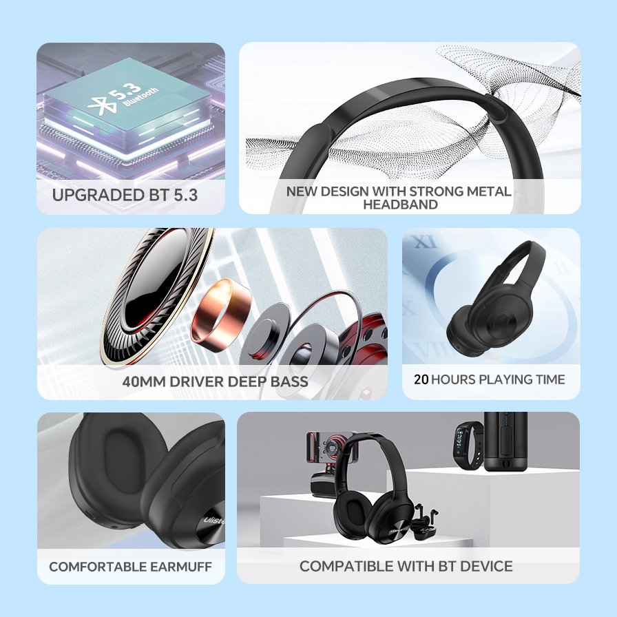 B3 Sports Over-Ear Wireless Headphones BT 5.3 Extra Bass Boost Adjustable Fit 20 Hours Playtime-Studio-Quality Earphones